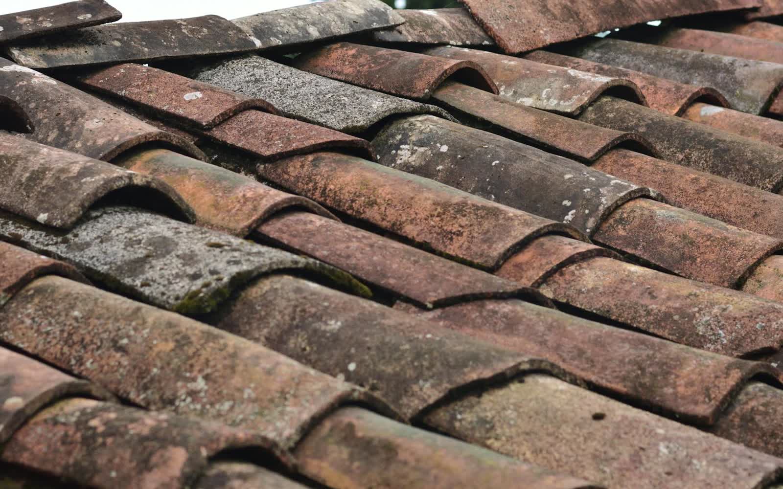Tired old red clay pantile roof — faded, lichen-stained and weathered before replacement